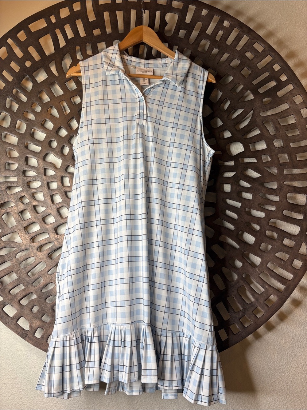 💙 Laura Ashley Plaid Ruffle Hem Dress Women’s XL Blue White Sleeveless Flowy 💙